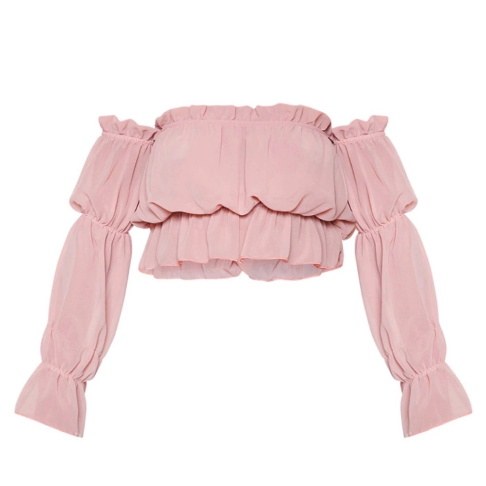 PLT Dusty Lilac Woven Ruffle Bardot Flared Sleeve Blouse